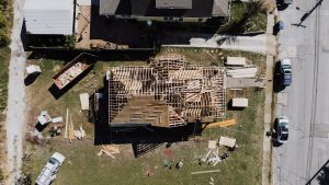 Aerial view of a house under construction in Chattanooga, showcasing the building process.